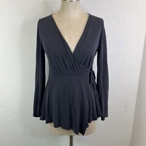 Free People Wrap Black Blouse bell sleeves, Size XS, Boho, Casual, Gypsy, FLAWED